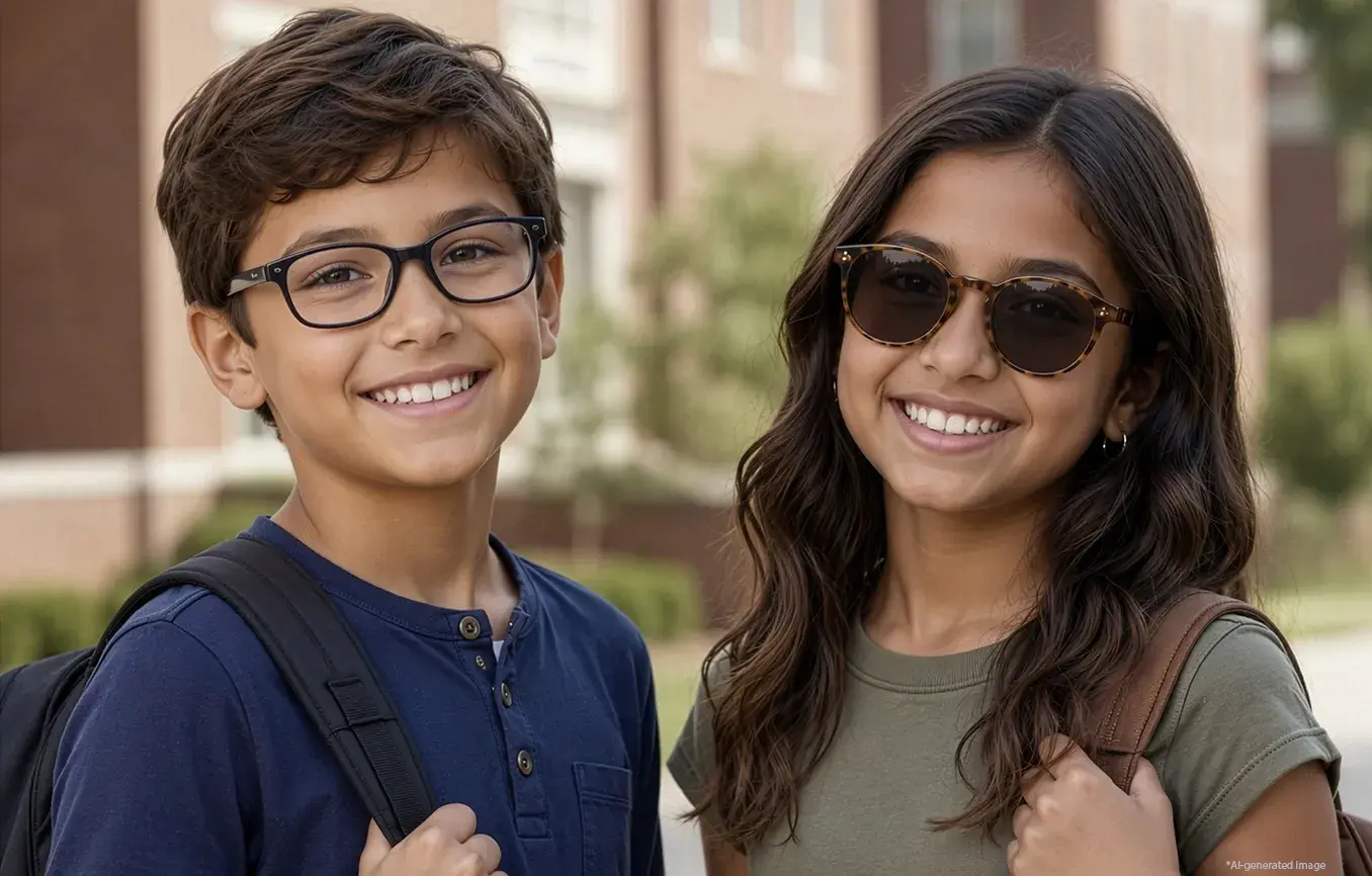 Boy and girl with backpacks smiling outdoors